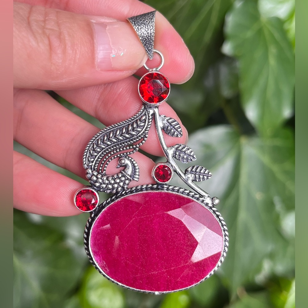 925 silver overlay ruby peacock pendant